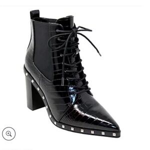Charles David Black Lace-Up Croc-Embossed Ankle Booties with Stud Trim